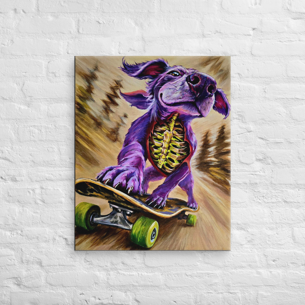 Radical the dog canvas print, a purple dog on a skateboard